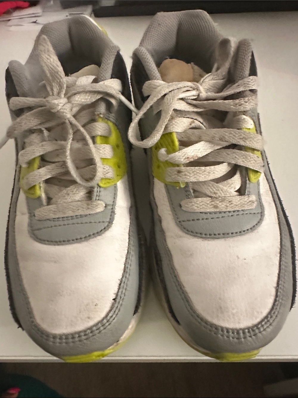 Nike White and Gray Kids Sneakers with Neon Yellow Accents